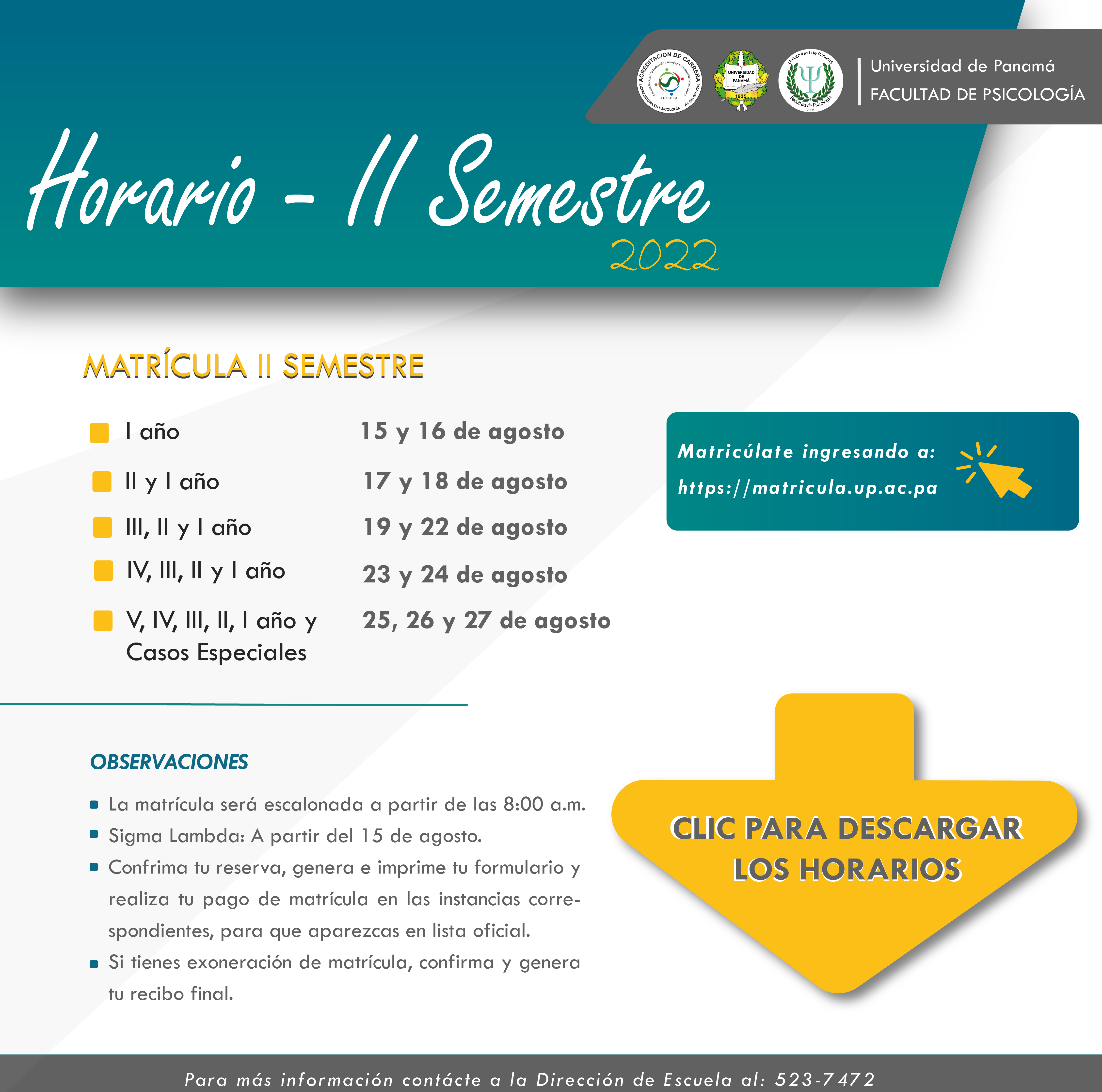 HORARIO II SEMESTRE/FACULTAD DE PSICOLOGÍA